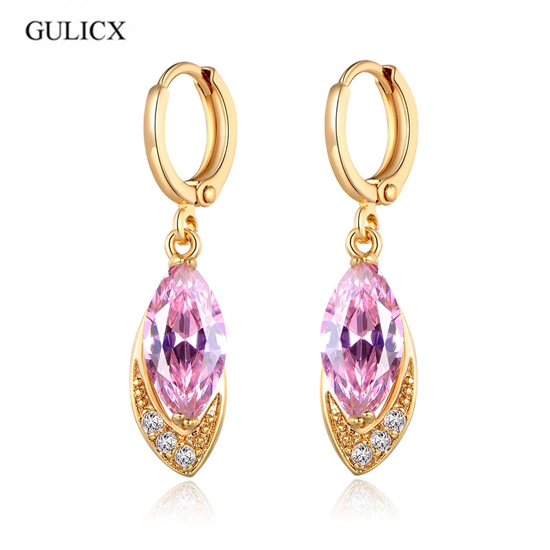 

GULICX 2017 Drop Earring Jewelry Gold-color Pink Fashion Cubic Zirconia Crystal Dangle Statement Earrings for Women E016