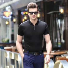 Летние мужские модные рубашки поло, Мужские Простые повседневные топы с коротким рукавом, специальный воротник на молнии, одежда поло