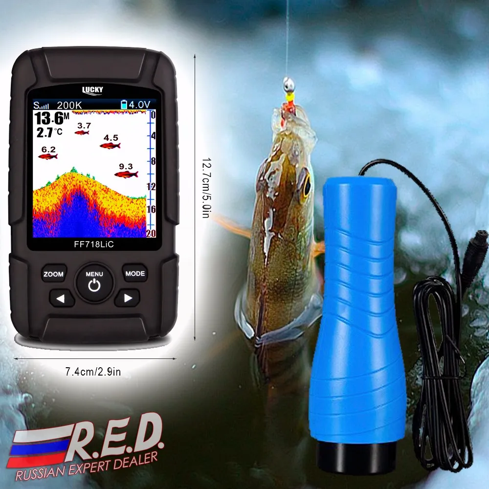 Lucky FF718LiCD-T с цветным дисплеем Водоустойчивый проводной эхолот для зимней рыбалки, двух лучевой проводной датчик 200 кГц/83 кГц, глубина сканирования 100 м, по России от 2 дней курьером
