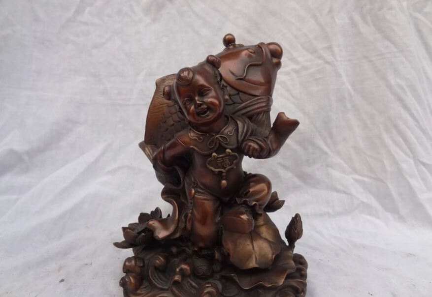 

song voge gem S5102 8" Chinese Pure Bronze Decoration Kid Child Lotus Wealth Jump Fish Ball Statue