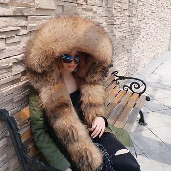

2020 Winter Women Fashion Large Real Fur Hooded Thick Warm Detachable Lining Coats Female Inverno Plus Size Army Green Outwear