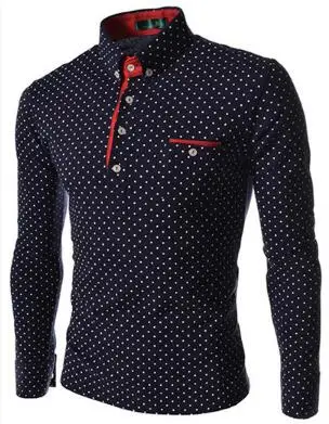 Navy blue polo shirt Новые бренды мужские рубашки поло в горошек с длинными рукавами брендовые рубашки поло с длинными рукавами Мужское поло с воротником-стойкой Размер 3XL. Dwqa - Цвет: Navy blue polo shirt