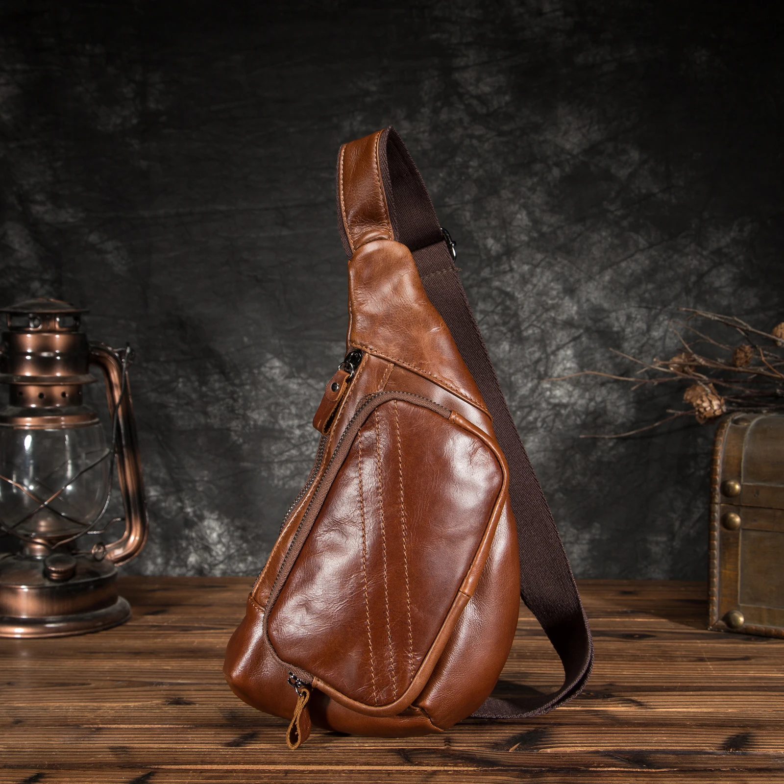 

Oil Wax Leather Men Casual Fashion Travel Triangle Chest Sling Bag Black Design 8" Tablet One Shoulder Bag Daypack Male 8810