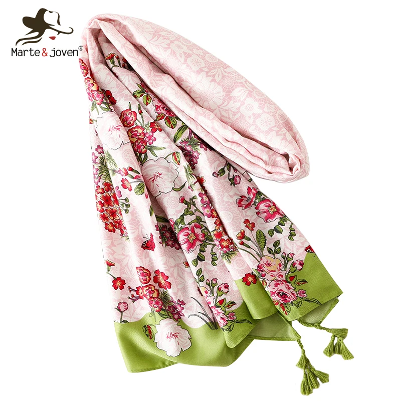 

Marte&Joven Elegant Red Flower Print Pink Long Scarf for Women Spring Autumn Sunscreen Shawls Tippet Ladies Beautiful Warm Hijab