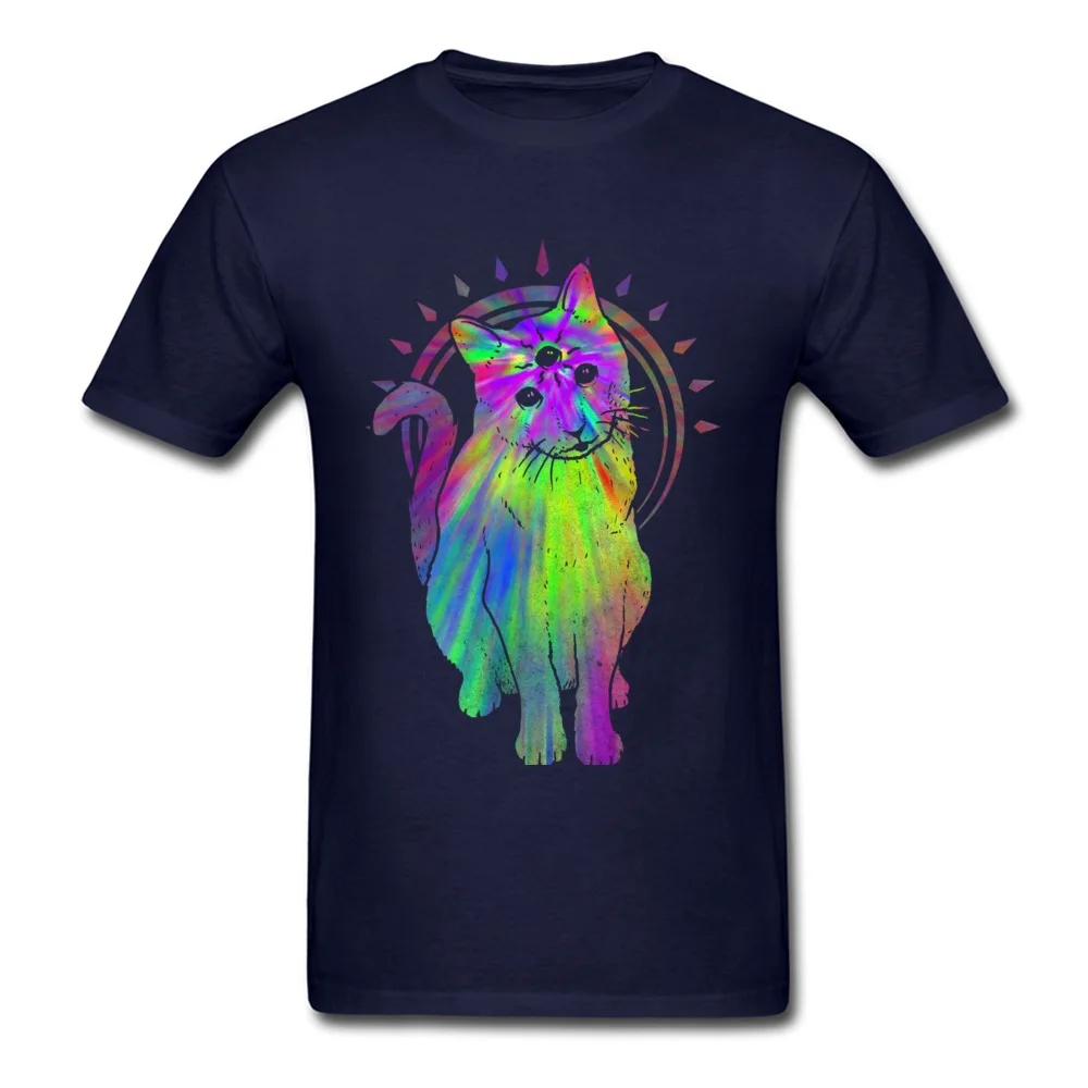 Psychic psychedelic trippy cat T Shirt New Fashion Mens ostern Day Tops & Tees Printed On Clothing Shirt Round Neck Pure Cotton Psychic psychedelic trippy cat navy