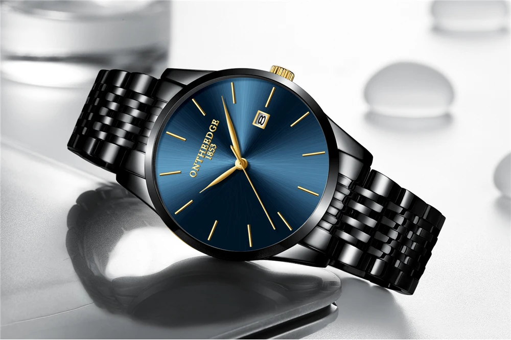 ONTHEEDGE, мужские наручные часы, Роскошные, черные, синие, золотые, нержавеющая сталь, мужские часы, 30 м, водонепроницаемые, с календарем, оригинальные мужские часы