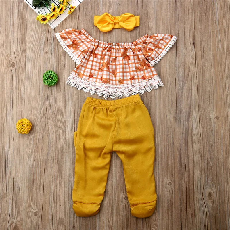 

Kids Baby Girl Clothing Sets 1-5Y Casual Cotton 3Pcs Off Shoulder Lace T-shirt+Long Harem Pants+Headband Summer Girl Outfit 1-5Y