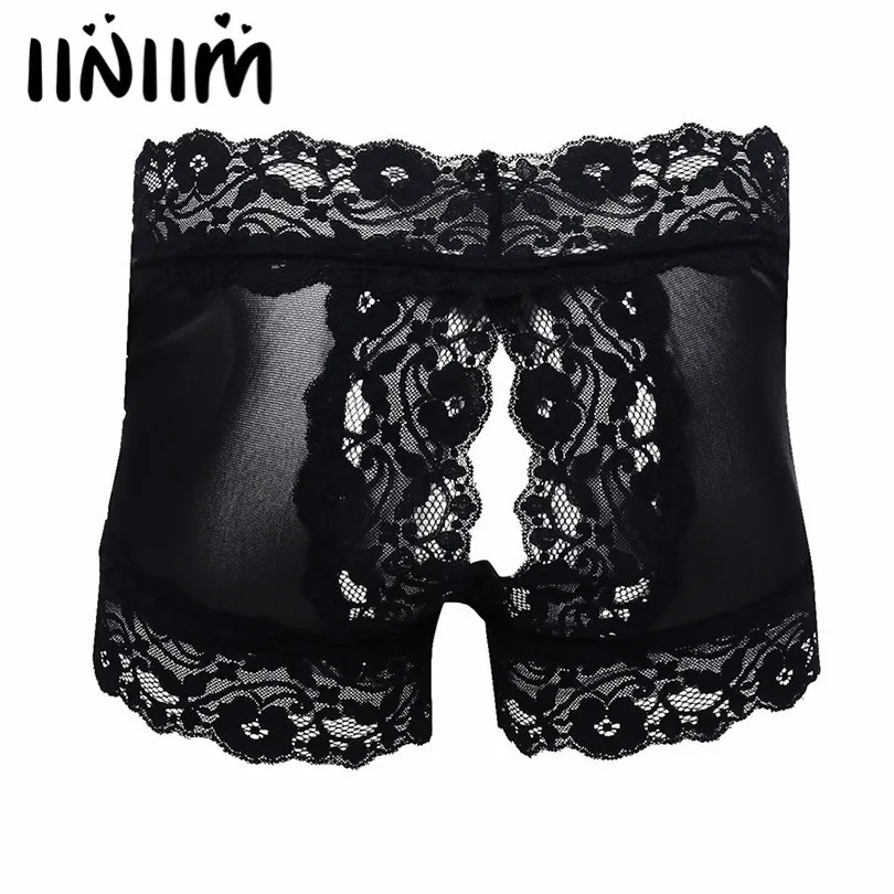 

iiniim Newest Men Lingerie Mesh Lace Open Butt Boxer Briefs Shorts Underwear Underpants Fashion High Waist Boxers Sexy Lingerie