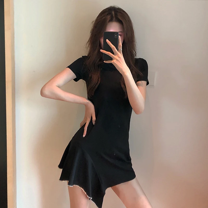 

Vintage Women Dress Short Sleeve O-neck High Waist Asymmetrical Mini Black Dress Summer Casual Dress for Girls