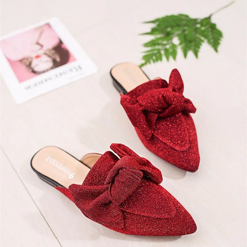 women slippers slip on mules shoes summer pointed toe slippers bling ...