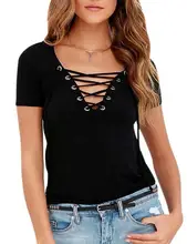Yfashion Women Stylish Sexy Short-Sleeve Solid Color T-Shirt V-neck Criss-cross Strap Tops stylish women s v neck criss cross cut out dress