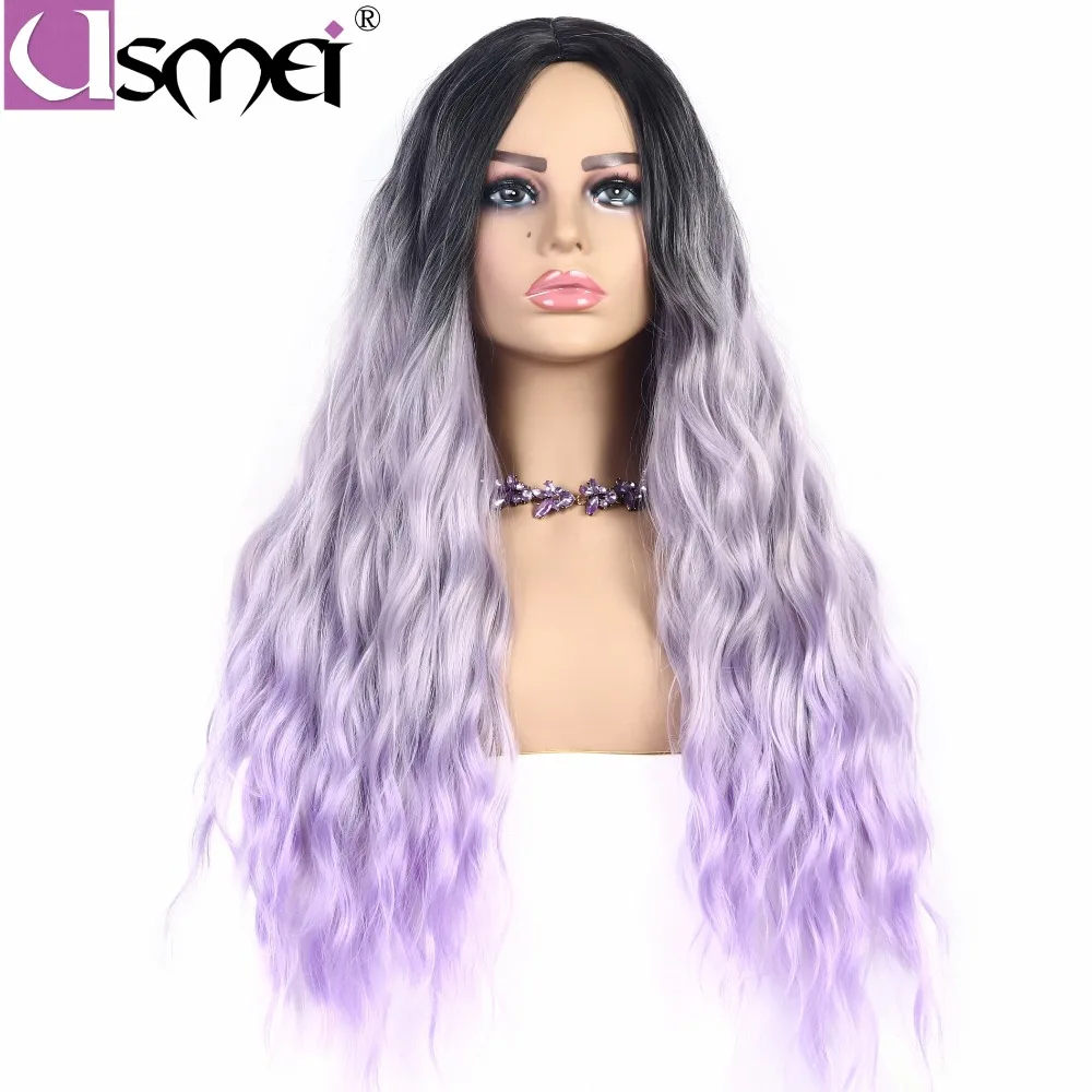 

USMEI 28 inches Wavy purple wig root black hair Ombre wig Synthetic Wigs for women High Density Temperature Fiber Cosplay party