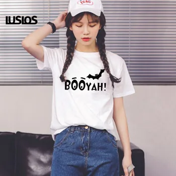 

LUS LOS Boo Yay Halloween Women Short Sleeve White Casual T Shirt Female Funny Vocation Tshirt Women Harajuku Tee Tops