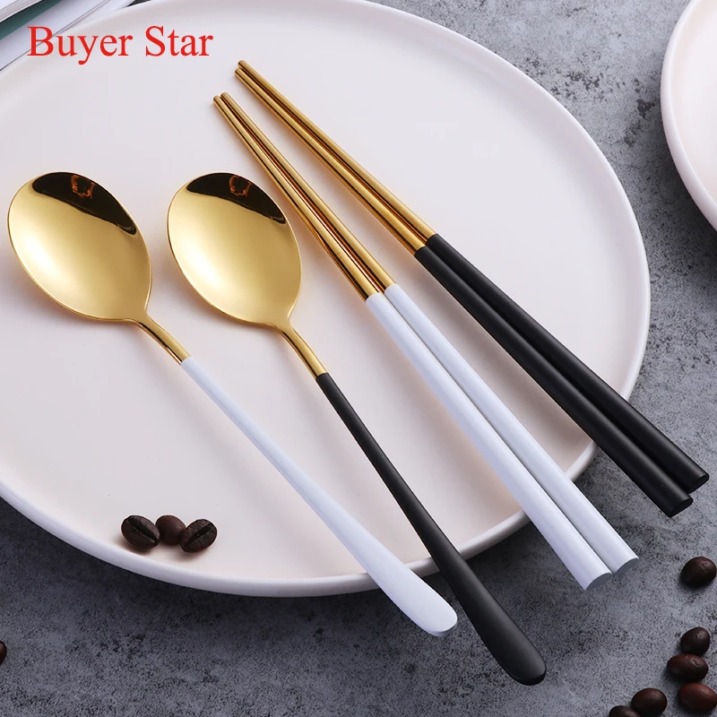 Stainless Steel Silver Chopsticks Spoon Set Korean Reusable Sushi Kitchen Sticks 