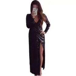 Элегантный блестками платье макси для женщин Sexy V средства ухода за кожей шеи с длинным рукавом Высокий разрез тонкий женское платье ночной