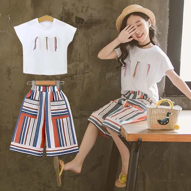 

Summer Girls New Korean With Widden pants And Short-Sleeved Suit Ribbon Popular Comfortable Breathable In 2018