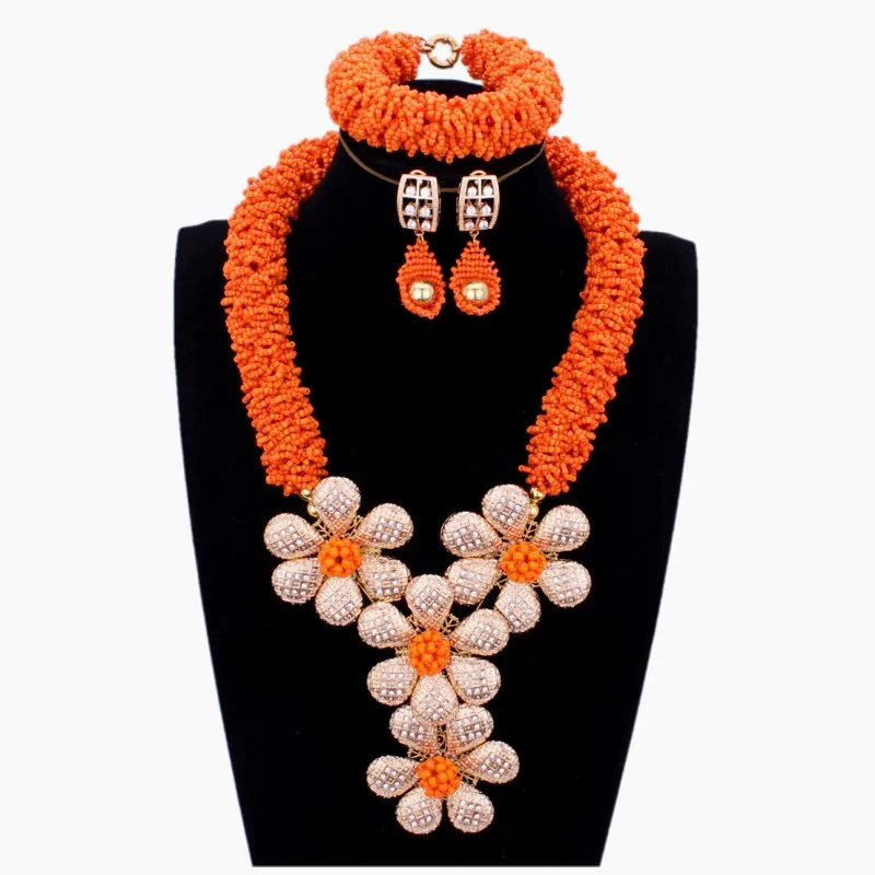 

Gorgeous African Wedding Jewelry Set Orange Gold Color Flowers Costume Necklace Sets For Brides Women Gift Set Free Shipping