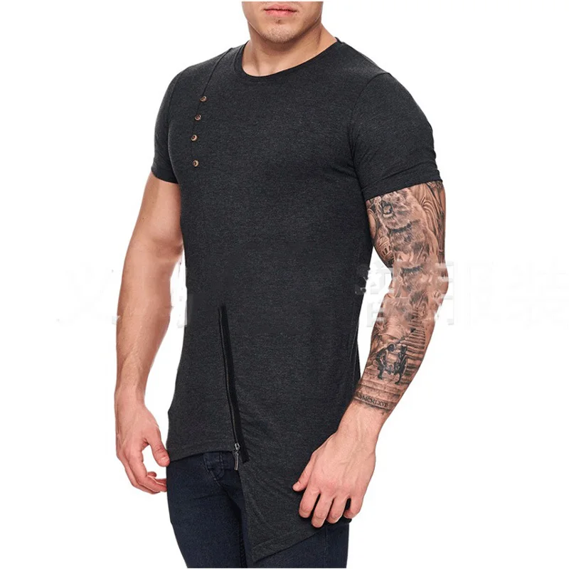 Мужская хипстерская футболка с асимметричным подолом и пуговицами,, модная футболка с круглым вырезом и коротким рукавом, Мужская Уличная футболка в стиле хип-хоп на молнии - Цвет: dark gray