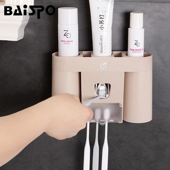 

BAISPO Multifunction Bathroom Set Automatic Toothpaste Dispenser Family Set Wall Mounted Tooth Brush Holder Rack Squeezer Mug