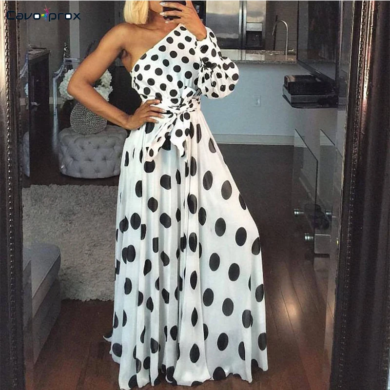 

Women One Shoulder Dots Print Belted Maxi Dress Sexy & Club Fit and Flare Floor-Length Asymmetrical Neck Party Dress