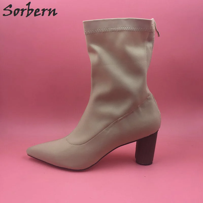 

Sorbern Nude Stretch Fabric Round High Heels Pointed Toe Short Women Boots Custom Colors Small Size 33-46 Shoes Ladies New