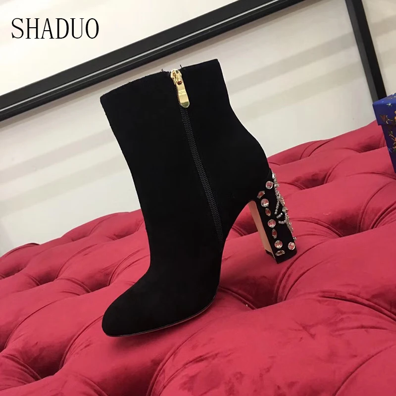 

2018 shaduo women top quality Genuine Leather zipper ankle boots sexy fashion crystal diamond inlaid heel high heel boots women