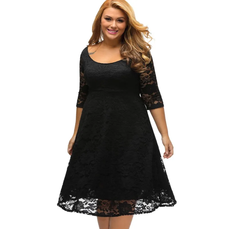 Black-Floral-Lace-Sleeved-Fit-and-Flare-Curvy-Dress-LC61395-2-4_conew1