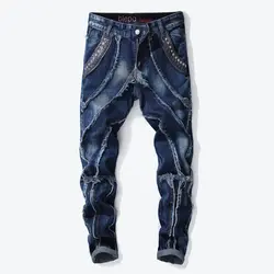 Pnats/мужские джинсы на молнии в стиле пэчворк со средней талией, Длинные облегающие плиссированные мужские брюки с несколькими карманами, 2019