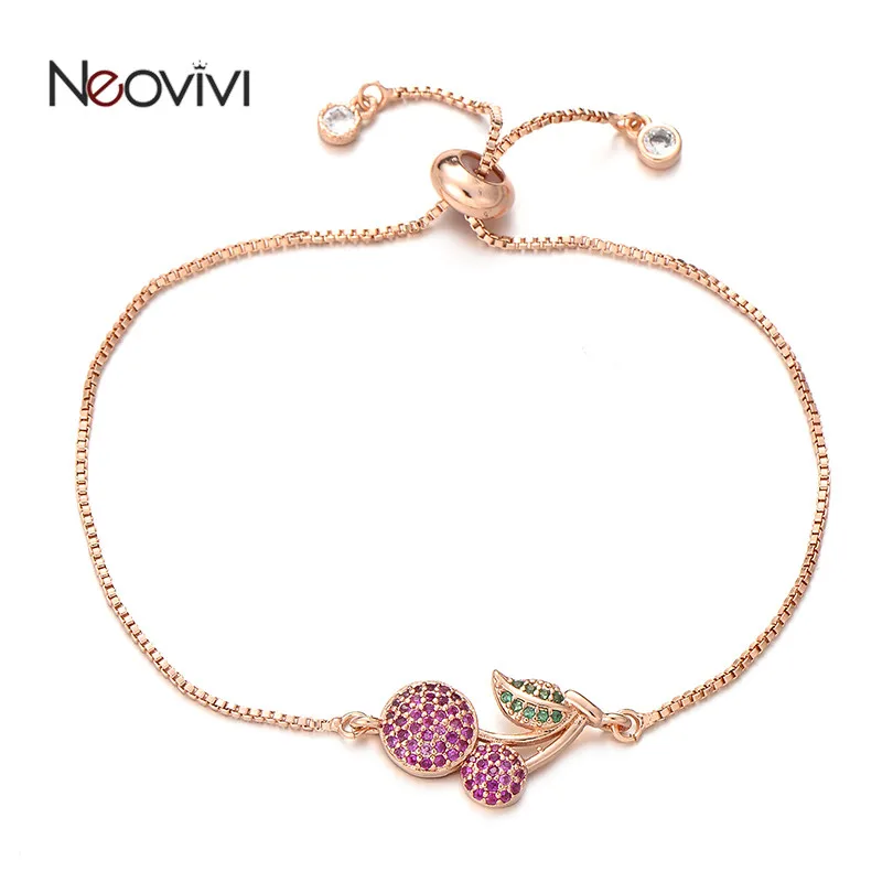 Neovivi вишневые Подвески Браслет реалистичные браслеты с фруктами микро проложить Фиолетовый Зеленый циркониевый Медный Шарм регулируемые ювелирные изделия DIY подарок