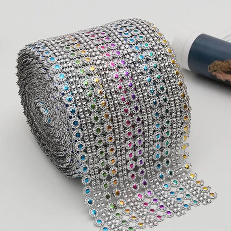 

10Yards 16 Rows Rhinestone Chain Plastic Colorful Silver Mesh Trim Glass Crystal Banding For DIY Crafts Cake Ribbon