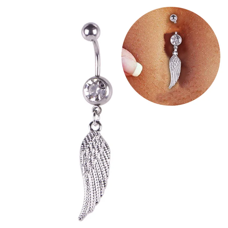 

Hot Sale Piercing Body Jewelry Trendy Dangle Bar Navel Belly Ring With Crystal & Feather Shape Pendants for Women Girls