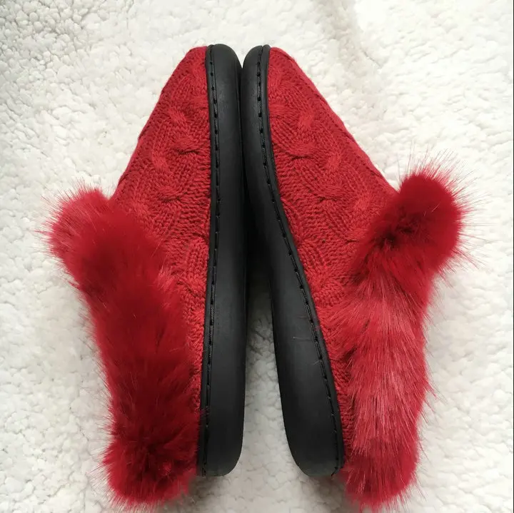 Women's Soft Yarn Cable Knitted Faux Fur Collar Slip On Slippers Memory Foam Anti-Skid Sole House Slipper Shoes (12)