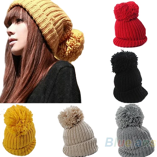 

Hight Quality Women's Winter Slouch Knit Cap Warm Oversized Cuffed Beanie Crochet Bobble Beanies knitting wool Hat 97F5