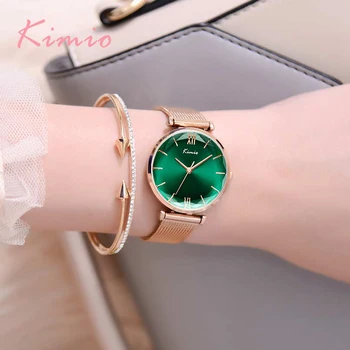 

New Kimio Brand Luxury Women Milanese Mesh Belt Watches Simple Ladies Green Big Dial Dress Watch Rose Gold Bracelet Wristwatch