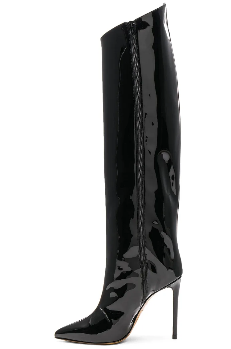 Г., новые модные женские сапоги в европейском стиле сапоги до бедра на широком каблуке с острым носком Большие размеры, пикантные Подиумные сапоги - Цвет: black