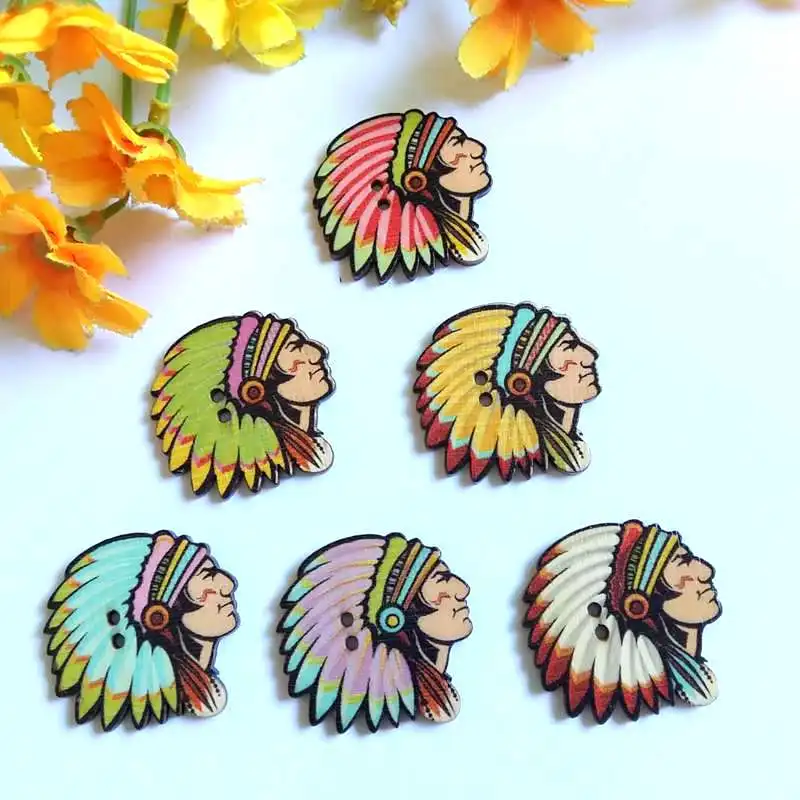 30 Pz/Lotto Bottoni Sfusi Bottoni Avatar Indiani Misti Per Artigianato Accessori Per Cucire Bottoni In Legno 30Mm * 31Mm