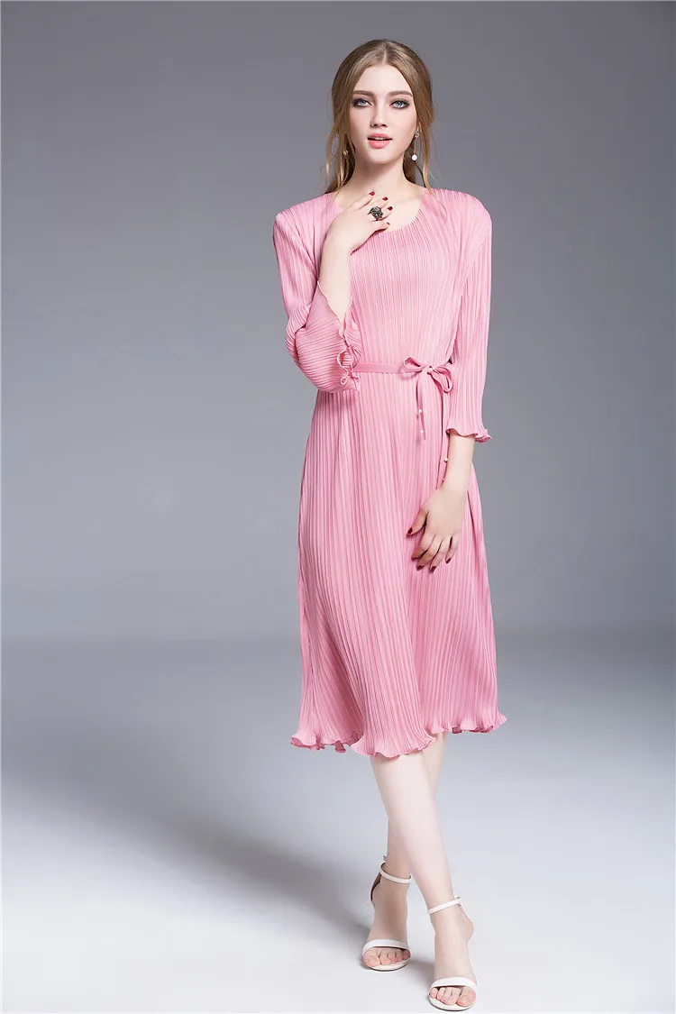 Runde Hals Kleid Falten Lotusblatt Trompetermel Kostenloser Versand Lager Spitze Auf RosaRotMarineblau Mode w8On0Pk