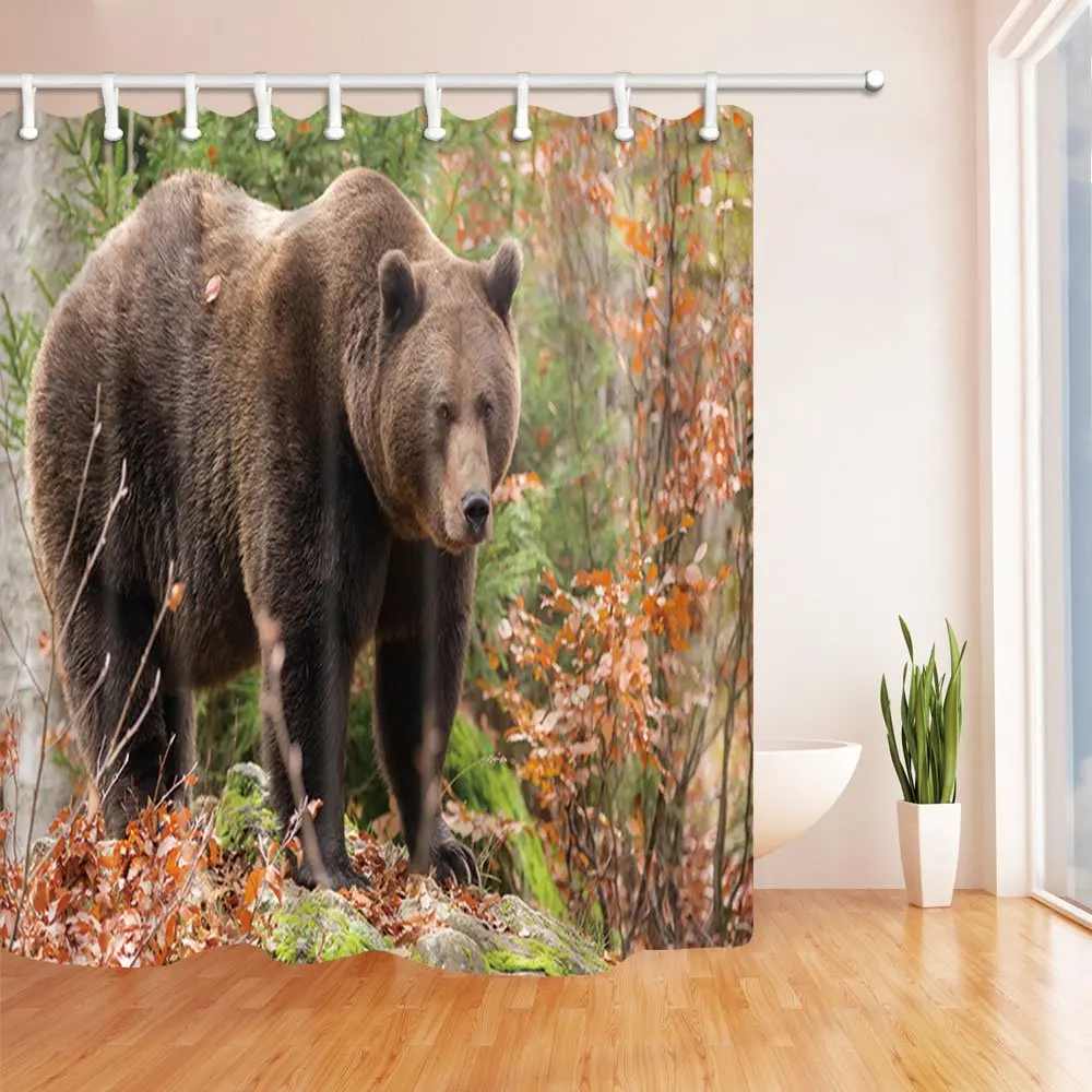 Wild Animal Decor Tapestry Safari Bear Standing on Red Maple Leaf Green Forest Backdrop Wall Hanging Blanket Living Room | Дом и сад
