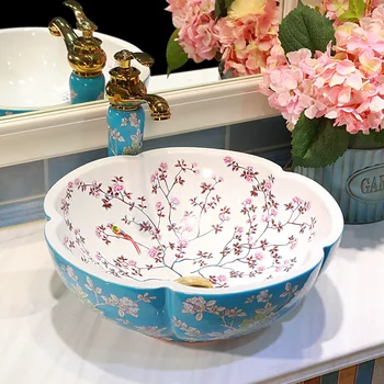 

Europe Vintage Style Art wash basin Ceramic Lavabo Counter Top Wash Basin Bathroom Sinks flower shape art wash basin bird