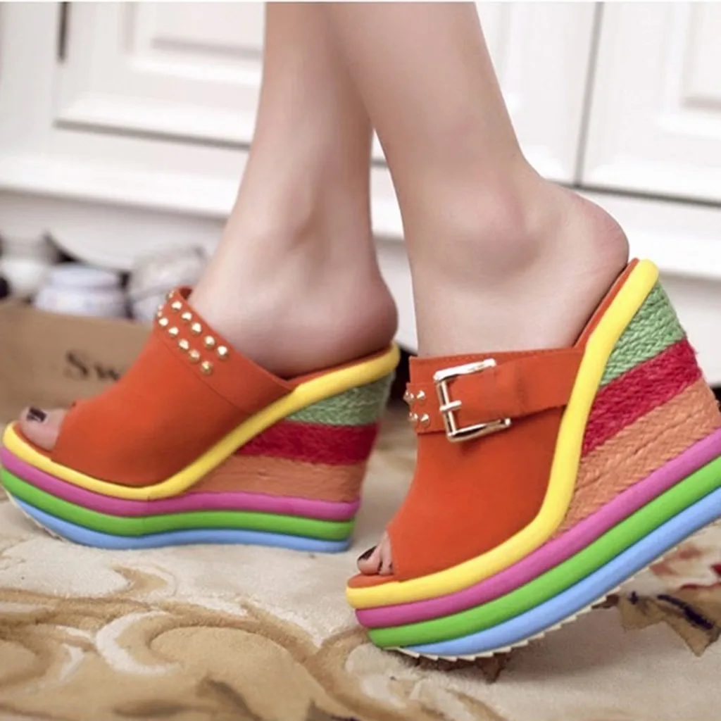 

Wedges Shoes For Women Ladies Leisure Fish Mouth Thick Bottom Thick Peep Toe Multicolor Patchwork Sandals jelly Slippers
