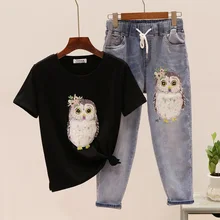 Лето-Осень, модная футболка с принтом птицы из бисера+ джинсы с эластичной резинкой на талии, двухкомпонентный костюм для женщин, свободные джинсовые штаны, комплект