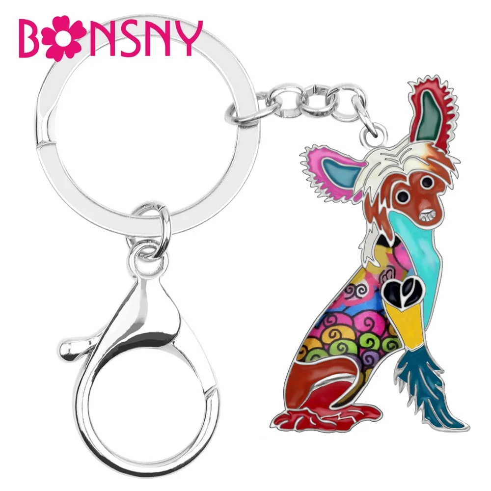 

Bonsny Enamel Alloy Chinese Crested Dog Key Chain Keychain Holder Fashion Animal Pet Jewelry For Women Girls Bag Car Charms Gift