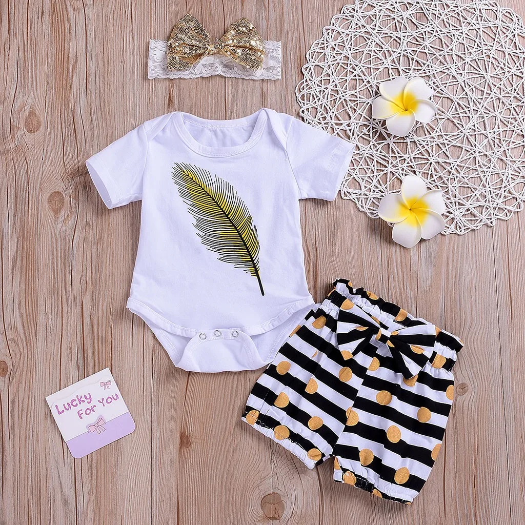 Toddler babies clothes for baby girl Short Sleeve Feather Romper+Stripe Shorts+Headbands Set Outfit roupa infantil menina #Ter6