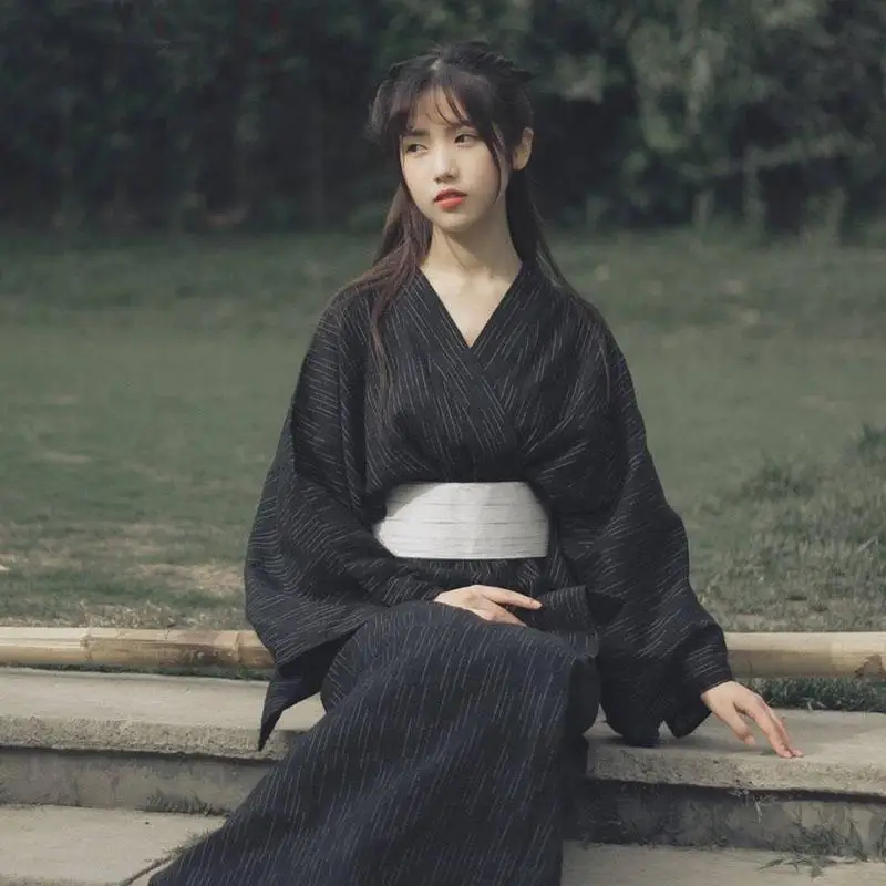 Черное женское традиционное японское кимоно Yukata винтажное мужское длинное платье воина одежда японский стиль взрослый костюм для косплея - Цвет: Women Black