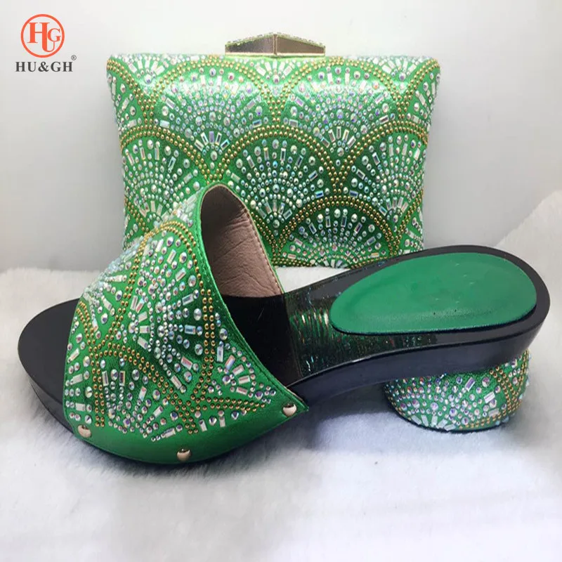

2018 New Green Italian Wedding shoes with matching bag Bride Fashion shoes and purse set 5.3cm heels Pumps African Shoe and bag