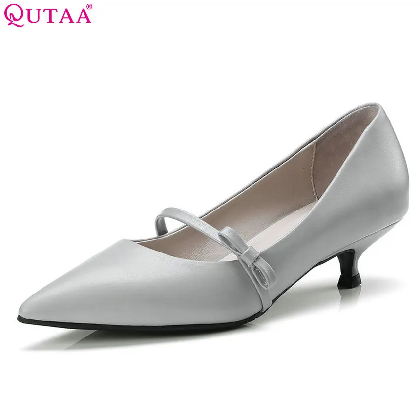 

QUTAA 2018 Women Pumps Genuine Leather +pu Fashion Women Shoes Slip on Bow Tie Thin Heel Platform Ladies Pumps Size 34-41