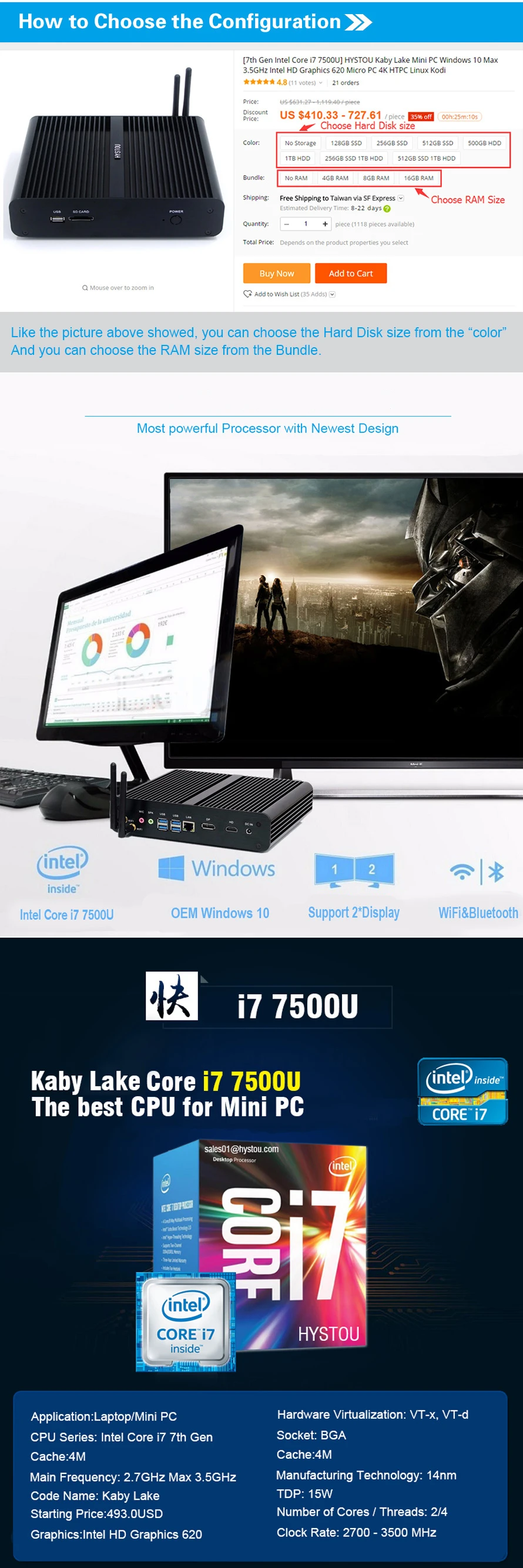 Intel core i7 6500u 7500u безвентиляторный мини ПК настольный компьютер, с Windows 10 Pro/Linux Ubuntu