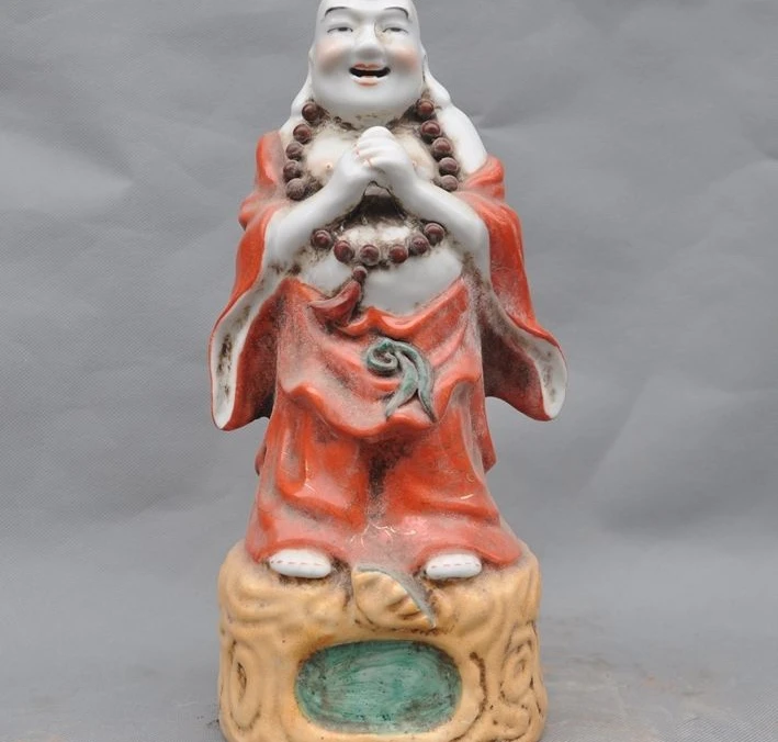 

China Buddhism Temple Wucai Old Porcelain Carved Wealth Maitreya Buddha Statue A