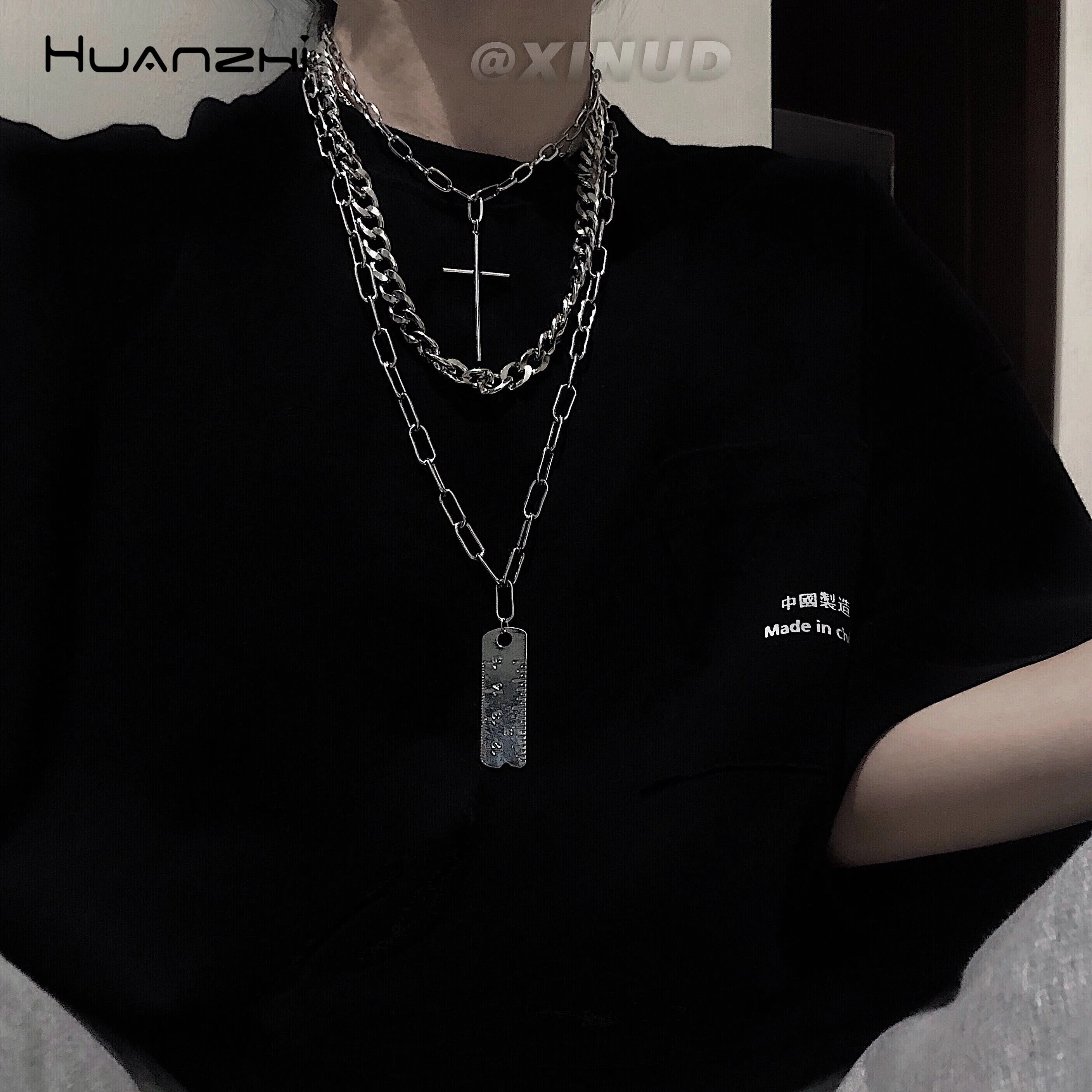 

HUANZHI Vintage Cross Short Ruler Pendant Silver Color Metal Multi-layer Punk Long Chain Necklaces For Women Party Jewelry