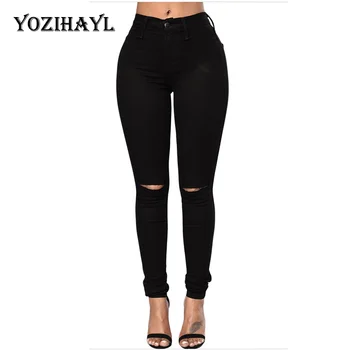 

YOZIHAYL Ripped Hole High Waist Elastic Skinny Pencil Summer Streetwear Solid Pants Long Length Woman Solid Color Casual Jeans